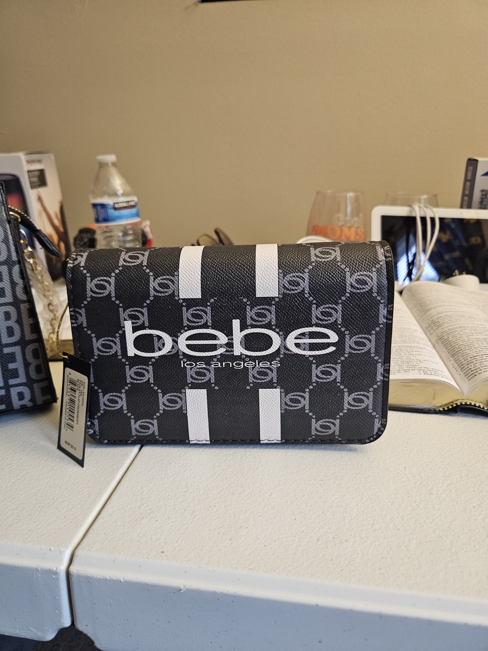 bebe Black and White Logo Mini Crossbody Wallet
